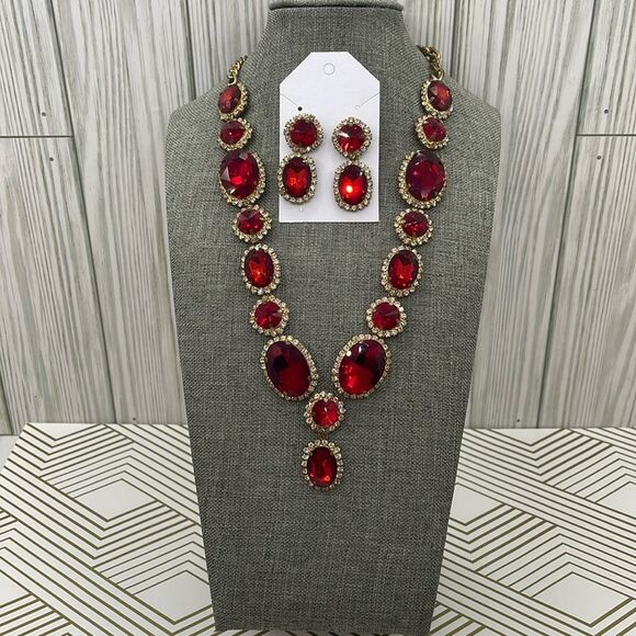 Red - Gem Stone Drop Pendant Necklace Set - Picture 8 of 8